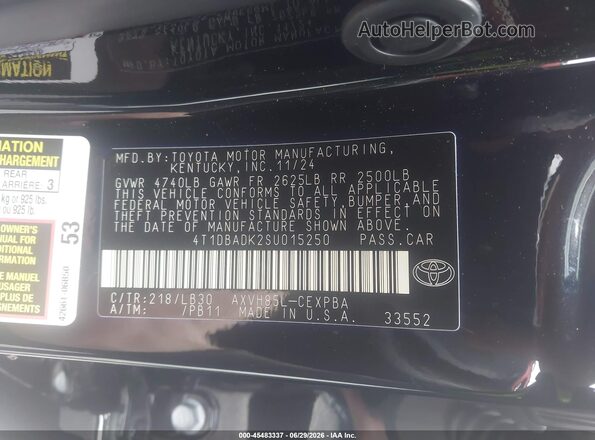 4T1DBADK2SU015250 2025 TOYOTA CAMRY Black ძრავის განყოფილების ხედი