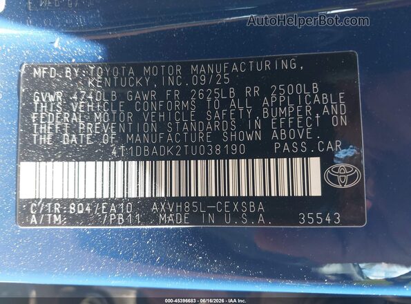 4T1DBADK2TU038190 2026 TOYOTA CAMRY Синий Вид подкапотного пространства