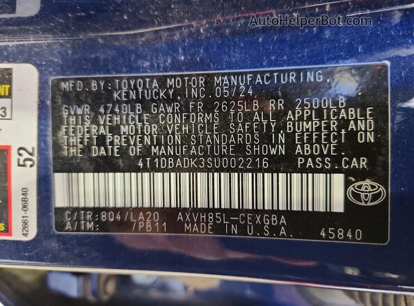 4T1DBADK3SU002216 2025 TOYOTA CAMRY Синий 