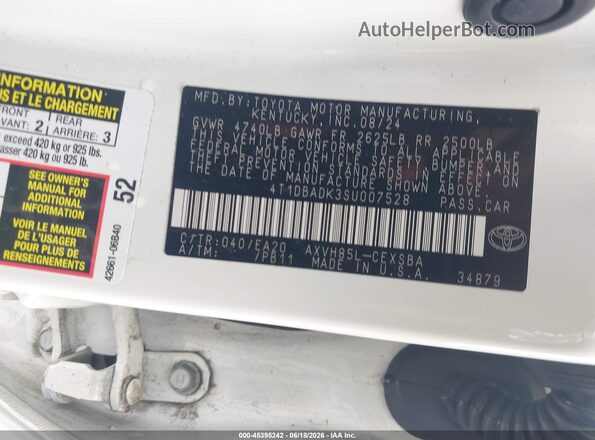 4T1DBADK3SU007528 2025 TOYOTA CAMRY White Вид підкапотного простору
