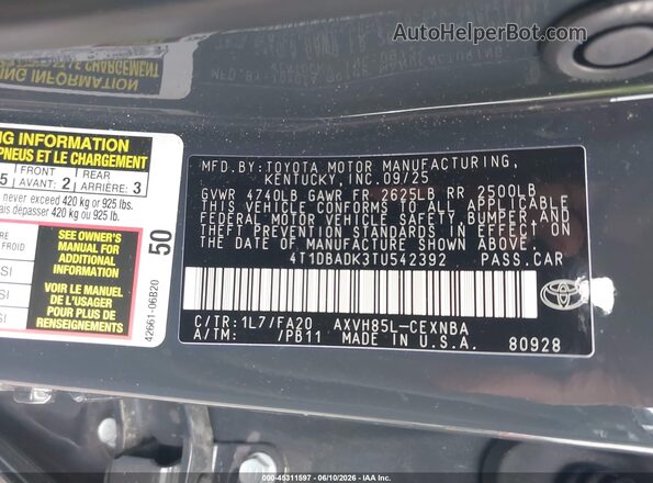 4T1DBADK3TU542392 2026 TOYOTA CAMRY Gray Вид підкапотного простору