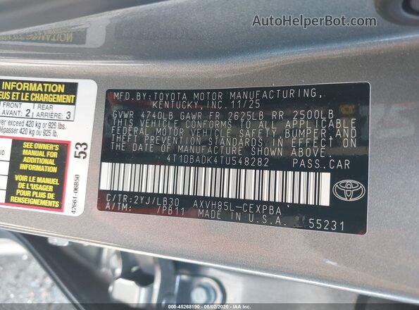 4T1DBADK4TU548282 2026 TOYOTA CAMRY Gray ძრავის განყოფილების ხედი