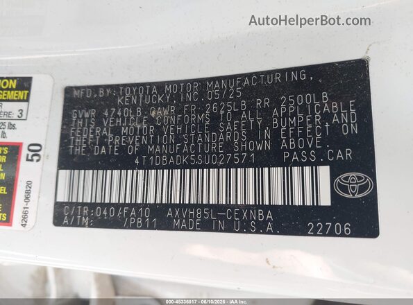 4T1DBADK5SU027571 2025 TOYOTA CAMRY Белый Вид подкапотного пространства