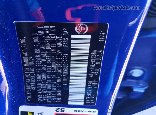 4T1DBADK6SU012254 2025 TOYOTA CAMRY Blue Вид наклейки з VIN-кодом