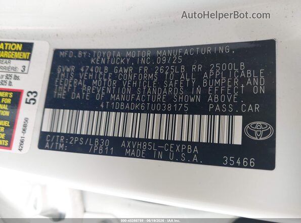 4T1DBADK6TU038175 2026 TOYOTA CAMRY White Вид підкапотного простору
