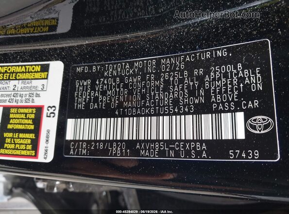 4T1DBADK6TU554343 2026 TOYOTA CAMRY Black Vista del compartimento del motor