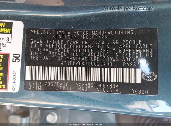 4T1DBADK7SU023408 2025 TOYOTA CAMRY Blue ძრავის განყოფილების ხედი