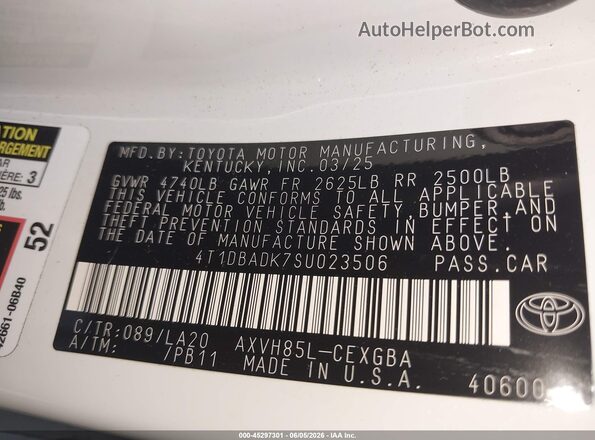 4T1DBADK7SU023506 2025 TOYOTA CAMRY Белый Вид подкапотного пространства