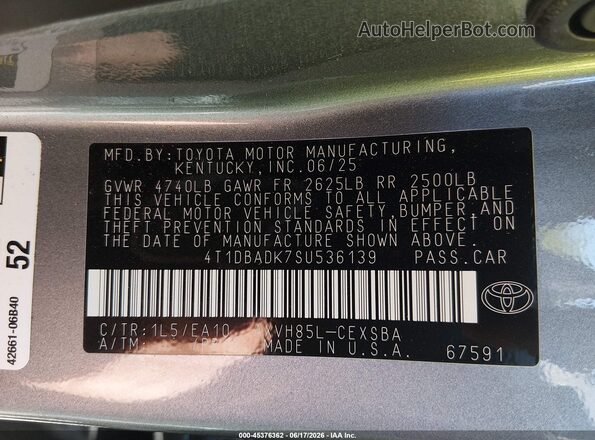 4T1DBADK7SU536139 2025 TOYOTA CAMRY Gray Vista del compartimento del motor