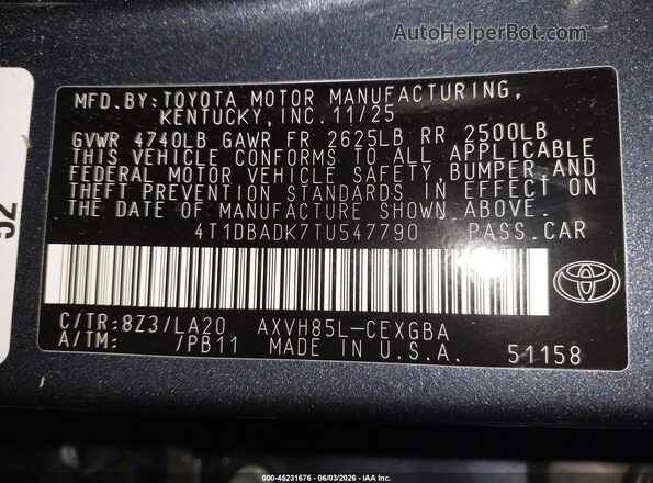 4T1DBADK7TU547790 2026 TOYOTA CAMRY Blue Widok komory silnika