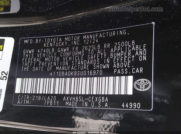 4T1DBADK8SU016970 2025 TOYOTA CAMRY Black Widok komory silnika