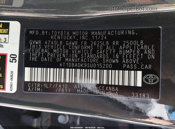 4T1DBADK9SU015200 2025 TOYOTA CAMRY Gray Вид підкапотного простору