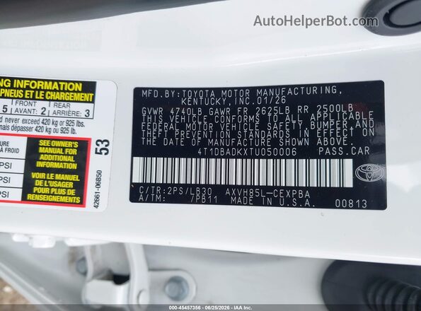 4T1DBADKXTU050006 2026 TOYOTA CAMRY White Engine compartment view