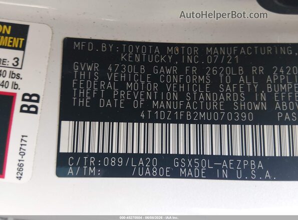 4T1DZ1FB2MU070390 2021 TOYOTA AVALON White Widok komory silnika