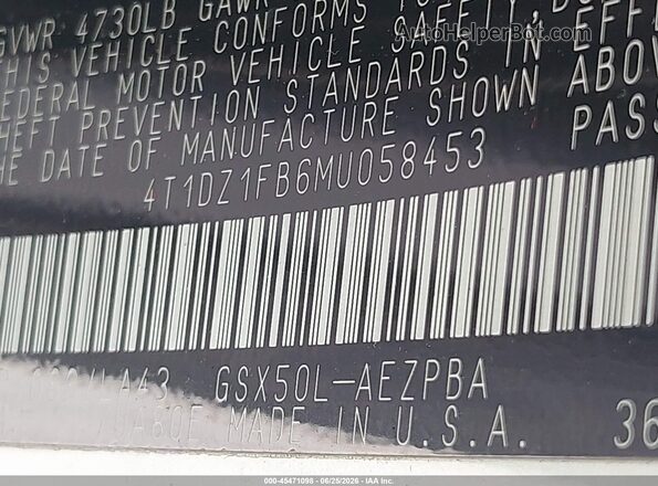 4T1DZ1FB6MU058453 2021 TOYOTA AVALON White Vista del compartimento del motor