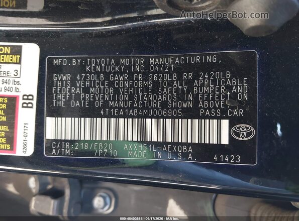 4T1EA1AB4MU006905 2021 TOYOTA AVALON Черный Вид подкапотного пространства