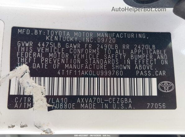 4T1F11AK0LU999760 2020 TOYOTA CAMRY White Engine compartment view