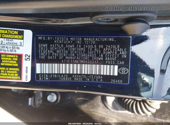 4T1F11AK1MU422317 2021 TOYOTA CAMRY Black Շարժիչի բաժամունքի տեսք