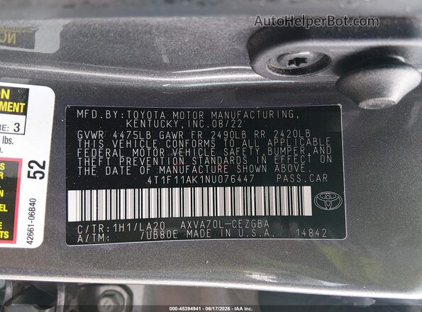 4T1F11AK1NU076447 2022 TOYOTA CAMRY Gray Vista del compartimento del motor
