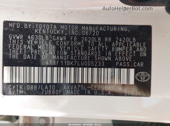 4T1F11BK7LU005233 2020 TOYOTA CAMRY White Widok komory silnika