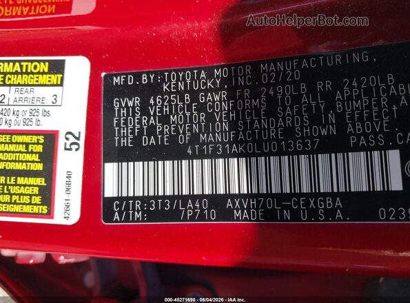 4T1F31AK0LU013637 2020 TOYOTA CAMRY Red Engine compartment view