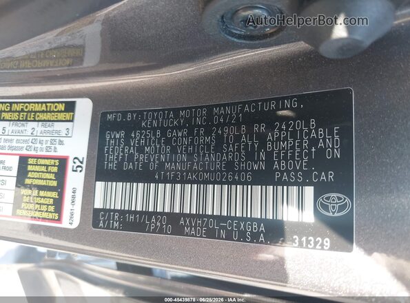 4T1F31AK0MU026406 2021 TOYOTA CAMRY Gray ძრავის განყოფილების ხედი