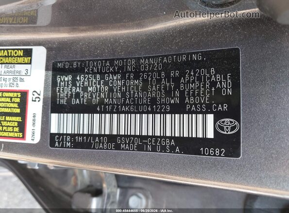 4T1FZ1AK6LU041229 2020 TOYOTA CAMRY Gray Vista del compartimento del motor