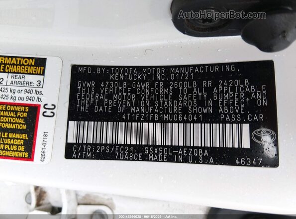 4T1FZ1FB1MU064041 2021 TOYOTA AVALON White Vista del compartimento del motor