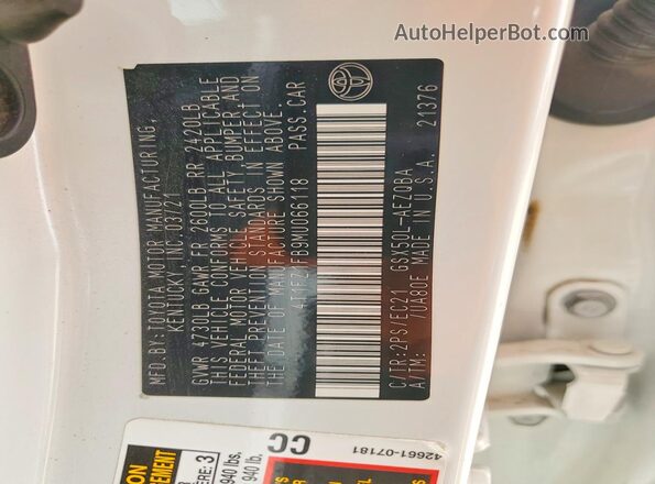 4T1FZ1FB9MU066118 2021 TOYOTA AVALON White VIN կոդի պիտակի տեսք