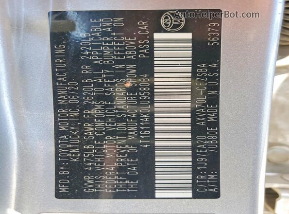 4T1G11AK0LU958064 2020 TOYOTA CAMRY Silver 