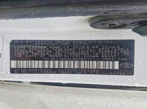 4T1G11AK1LU355012 2020 TOYOTA CAMRY White Widok komory silnika