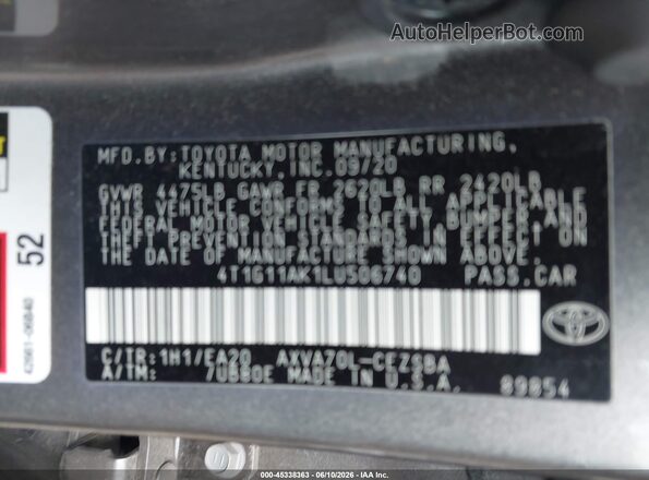 4T1G11AK1LU506740 2020 TOYOTA CAMRY Gray Widok komory silnika