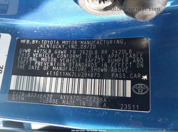 4T1G11AK2LU394675 2020 TOYOTA CAMRY Blue Շարժիչի բաժամունքի տեսք