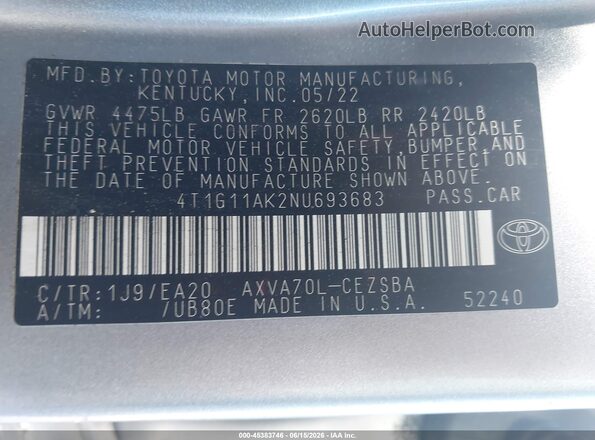 4T1G11AK2NU693683 2022 TOYOTA CAMRY Серебряный 