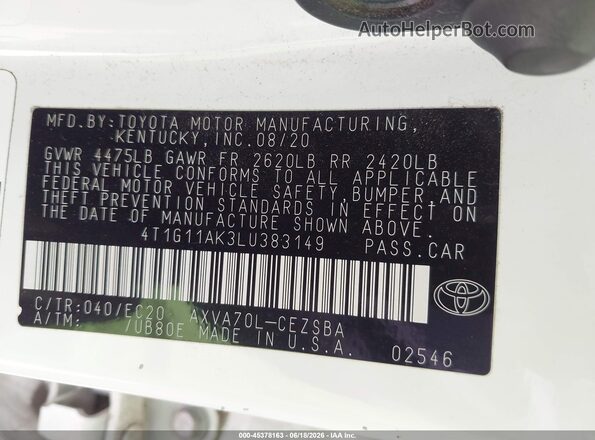 4T1G11AK3LU383149 2020 TOYOTA CAMRY White Widok komory silnika