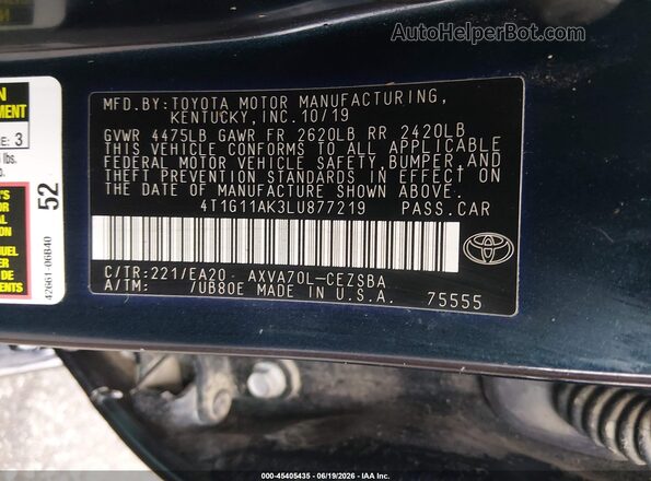 4T1G11AK3LU877219 2020 TOYOTA CAMRY Dark Blue Вид підкапотного простору