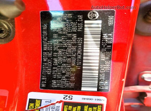 4T1G11AK3MU444050 2021 TOYOTA CAMRY Red Շարժիչի բաժամունքի տեսք