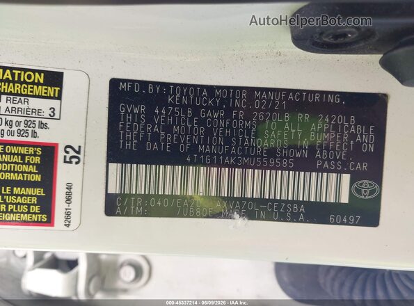 4T1G11AK3MU559585 2021 TOYOTA CAMRY White Vista del compartimento del motor