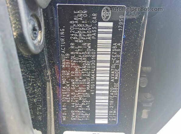 4T1G11AK4LU301607 2020 TOYOTA CAMRY Черный 