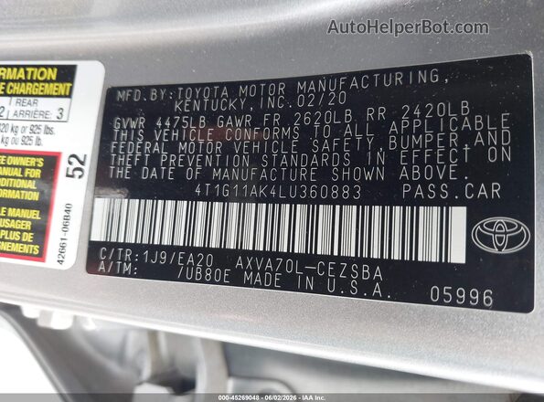 4T1G11AK4LU360883 2020 TOYOTA CAMRY Silver Вид підкапотного простору