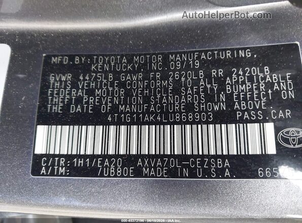4T1G11AK4LU868903 2020 TOYOTA CAMRY Beige Vista del compartimento del motor