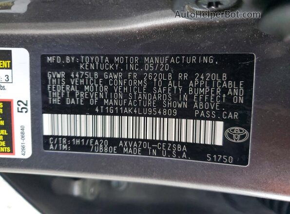 4T1G11AK4LU954809 2020 TOYOTA CAMRY Gray Vista de la etiqueta del VIN