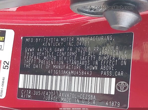 4T1G11AK4MU458443 2021 TOYOTA CAMRY Red Вид підкапотного простору