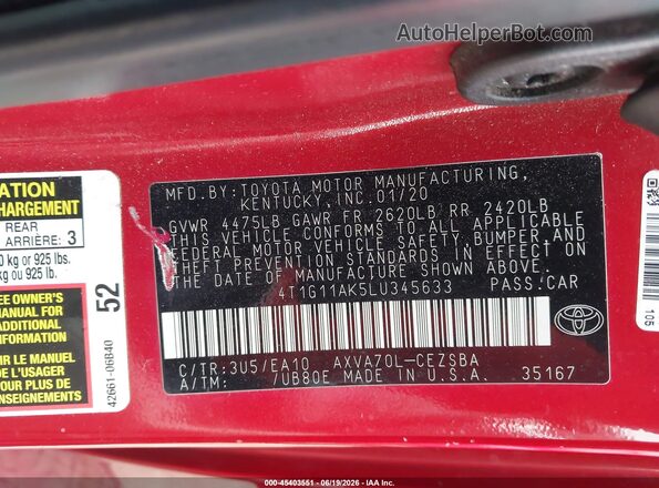 4T1G11AK5LU345633 2020 TOYOTA CAMRY Red ძრავის განყოფილების ხედი