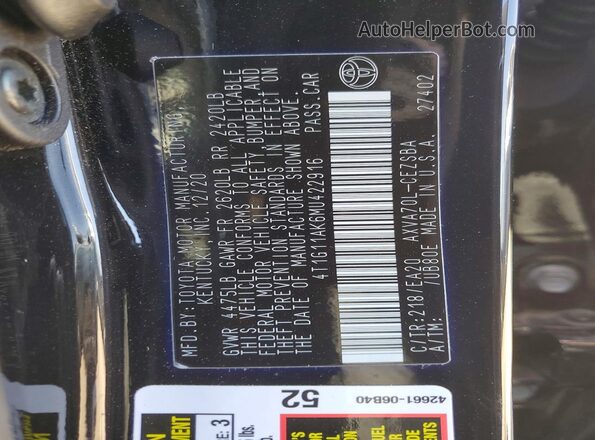 4T1G11AK6MU422916 2021 TOYOTA CAMRY Black ძრავის განყოფილების ხედი