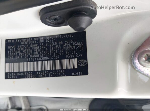 4T1G11AK6MU437304 2021 TOYOTA CAMRY White Engine compartment view