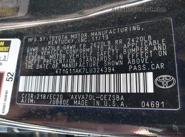 4T1G11AK7LU324394 2020 TOYOTA CAMRY Black Вид підкапотного простору