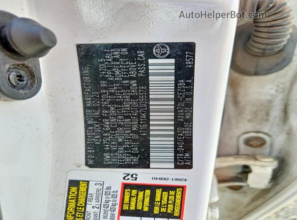 4T1G11AK7LU355578 2020 TOYOTA CAMRY White 