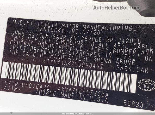 4T1G11AK7LU980482 2020 TOYOTA CAMRY White ძრავის განყოფილების ხედი