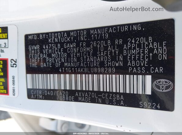 4T1G11AK8LU898289 2020 TOYOTA CAMRY White Vista del compartimento del motor
